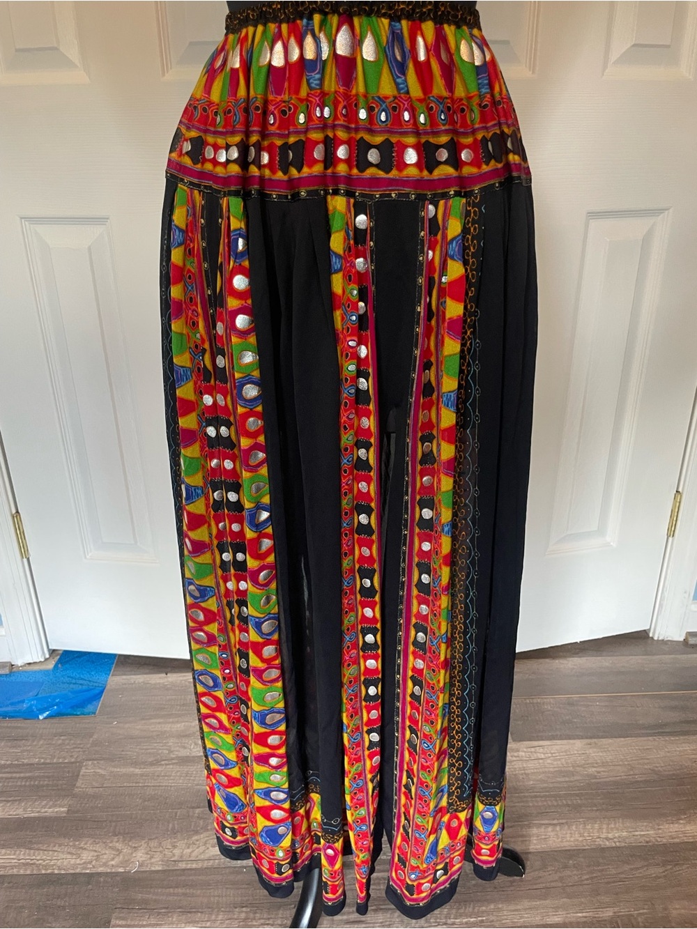 Boho Embroidered Maxi Skirt in Black with Multicolor Trim